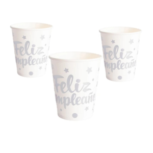 VASO BLANCO FELIZ CUMPLEAÑOS PLATA X8U FEST