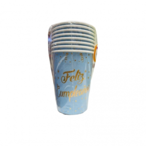VASO CELESTE PASTEL FELIZ CUMPLEAÑOS HOLOGRAFICO ORO X8U FEST
